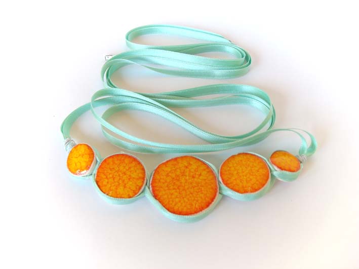 Statement necklace in shades of orange, yellow and aqua, spring fashion, ceramic jewelry